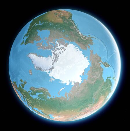 Map of the North Pole. Arctic, ice, melting, climate change. Climate emergency. Scientific expedition. Satellite view of the globe. 3d render.