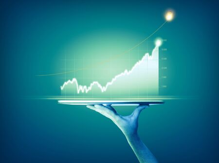 Businesswoman holding tablet and showing holographic graphs and stock market statistics gain profits. Concept of growth planning and business strategy. Good economy, digital screen. HUDの写真素材