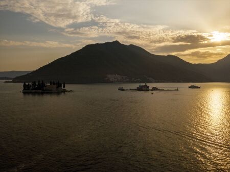 Aerial view of Our Lady of the Rocks and Sveti Dorde, the two islets off the coast of Perast in the...