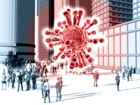Coronavirus, Covid-19 propagation of the virus in cities, movement of people and multiplication of the virus. Infected. Social areas closed. 3d renderの写真素材