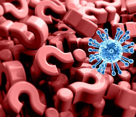 Questions and answers on the coronavirus, Covid-19, all there is to know. Contagion and prevention what to do. Waiting for the vaccine. Many unanswered questions. Question mark. 3d renderの写真素材