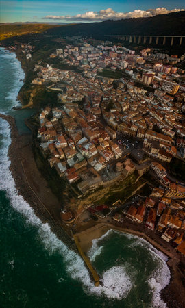 Aerial view of Pizzo Calabro, broken pier, castle, Calabria, tourism Italy. Houses on the rock. On the cliff stands the Murat Aragonese castle. Seafrontのeditorial素材