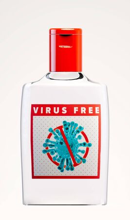 Hand sanitizer gel to protect against Coronavirus, Covid-19. High alcohol content. Bottle and portable container, to be used on the hands in the absence of water and soap. Virus free. 3d renderの写真素材