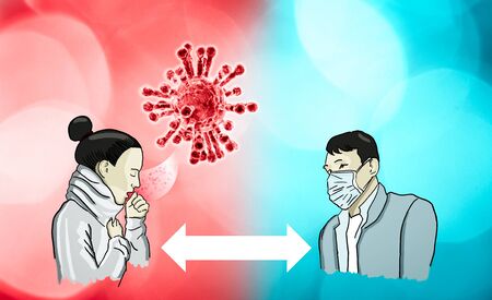Protection against coronavirus, keep the safety distance between people. Covid-19 spread. How to counteract the coronavirus emergency. Use of protection masks. Girl with cough that spreads the virus.の写真素材