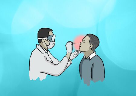 Doctor carrying out a swab on a patient. Covid-19. SARS-Cov-2. Countering the coronavirus emergency, prevention. Use of health tools to combat the spread of the virusの写真素材