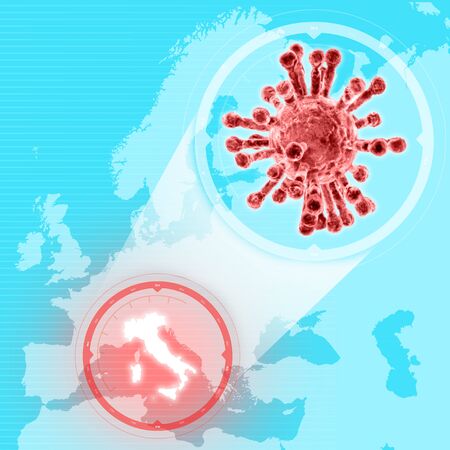 Italy map coronavirus, European map with Italy highlighted. Covid-19 spread. Viral infection propagation. World pandemic. Europe fights against the virus. 3d renderの写真素材