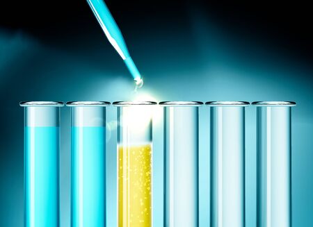 Researchers test new vaccines to fight coronavirus. Covid-19. Experimentation and testing of the vaccine to defeat Sars-Cov-2. Administration of an antivirus, test tube with antiviral solution, 3d renderの写真素材