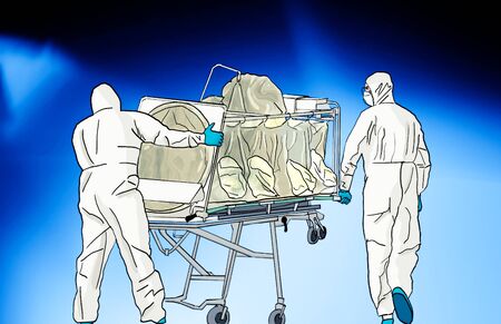Transfer of a patient infected with Coronavirus to an ambulance with a high biocontainer stretcher. Healthcare personnel, with masks and protective suits. Covid-19. Pandemic. 3d renderの写真素材