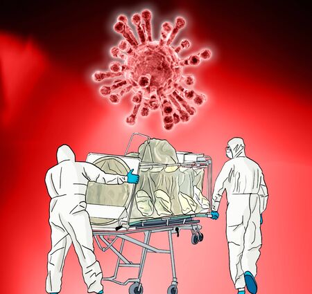 Transfer of a patient infected with Coronavirus to an ambulance with a high biocontainer stretcher. Healthcare personnel, with masks and protective suits. Covid-19. Pandemic. 3d renderの写真素材