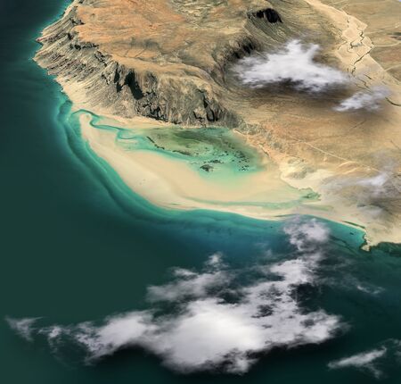Satellite view of Qalansiyah Beach, Socotra, Yemen. Deetwah lagoon, Qalansia. One of the most spectacular beaches in the world. 3d render.の写真素材