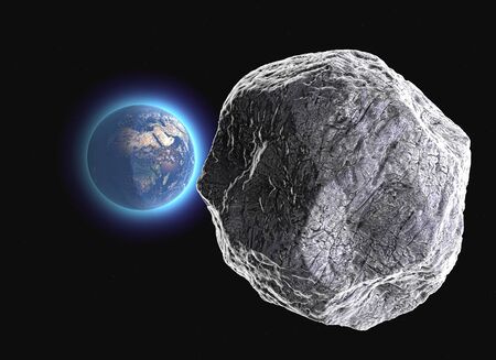 Meteorite hitting the earth. Asteroid on a collision course towards Earth. Explosion, cataclysm end of the world. Global extinction. 3d renderの写真素材