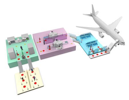 Coronavirus, travel and transportation awaiting the vaccine. Airports and social distance. Passengers who follow predetermined routes. New health rules. COVID-19. Protection devices. 3d renderの写真素材