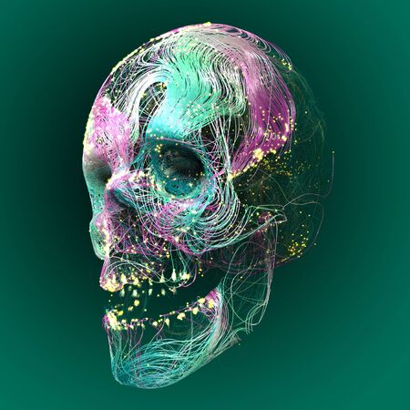 Anatomical view of a skull, neuronal interconnections, brain and communication. Mind and thought. Neurons and electrical impulses. 3d renderの写真素材