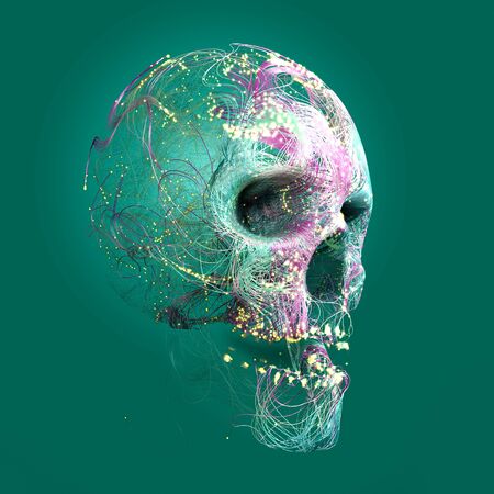Anatomical view of a skull, neuronal interconnections, brain and communication. Mind and thought. Neurons and electrical impulses. 3d renderの写真素材