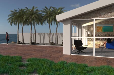 Modern house, architecture, second home project. Lockdown Coronavirus. Outdoor life, garden. Living room with large windows. Sea and palm trees. 3d renderの写真素材