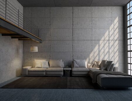 Interior design, modern living room with a large sofa and a lamp. Large window that illuminates the two-storey loft. 3D renderの写真素材