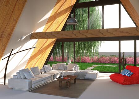 Interior design, modern living room with a large sofa, coffee table, armchair and a lamp. Large triangular window overlooking a private garden. 3d renderの写真素材
