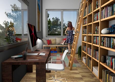 Interior design, modern study with large window and library. Designer furniture. Ladder for library, books and computer corner. 3d renderの写真素材