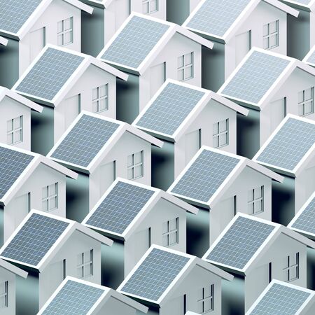 House with solar panels, real estate market, incentives to purchase properties with energy class A +. House prices, eco-sustainable properties. Global warming. 3d renderの写真素材