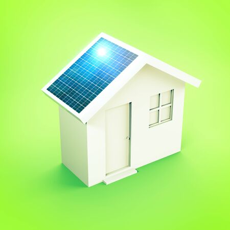 House with solar panels, real estate market, incentives to purchase properties with energy class A +. House prices, eco-sustainable properties. Global warming. 3d renderの写真素材
