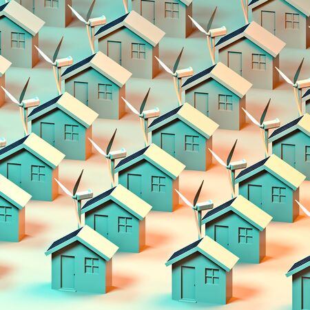 Ecological house with solar panels and wind turbine. Real estate market, incentives to purchase properties with energy class A +. House prices, eco-sustainable properties. Global warming. 3d renderの写真素材