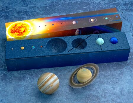 Solar system, box with models of the planets. Mercury, Venus, Earth, Mars, Jupiter, Saturn, Uranus, Neptune. Collectible models. Gift box, concept. Packaging design. Ideation and creation. 3d render