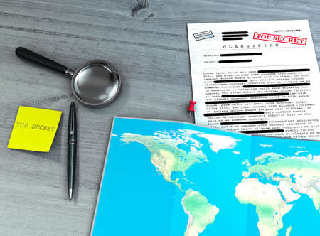 Top secret document, decreted, confidential information, secret text. Classified information. State secret. Research and study of secret documents. Planisphere of the world on a table. 3d renderの写真素材