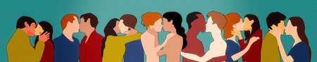Men and women kissing each other. Gay and lesbian couples kissing each other. Civil unions rights. Couples in love. Freedom. LGBTQ Concept. Gay pride. Bannerの写真素材