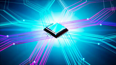 Microchip, power and speed. Presentation of the new microchip. Processor of a computer. Printed...