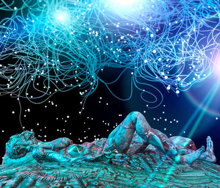 Alien that encompasses a person's body. Science fiction and horror. Body absorbed by an extra terrestrial creature. Space outpost. Woman absorbed by an alien thing. Invasion. 3d renderの写真素材
