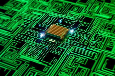 Microchip, power and speed. Presentation of the new microchip. Processor of a computer. Printed...
