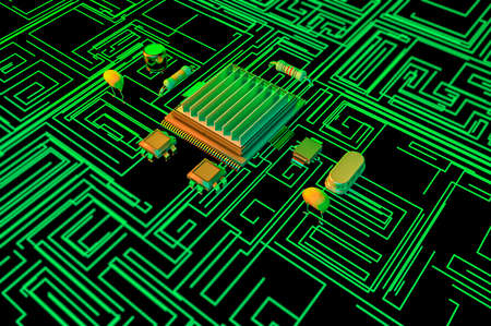 Microchip, power and speed. Presentation of the new microchip. Processor of a computer. Printed circuits. Information, quantum computer. Artificial intelligence, CPU. 3d renderの写真素材
