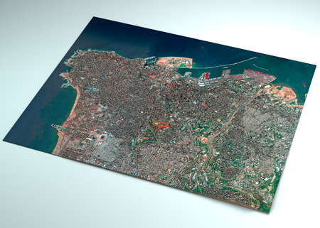 Satellite view of the city of Beirut in Lebanon. Streets and buildings. Place of the explosion in the port area.   3d renderの写真素材