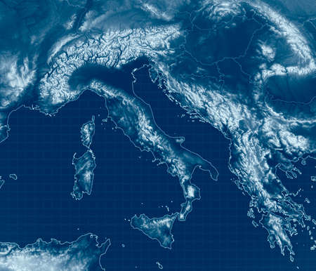 Satellite view of the Mediterranean Sea. Italy, the Balkans and the coasts of Greece. Mountainous reliefs. Physical map with mountain reliefs. 3d renderの写真素材
