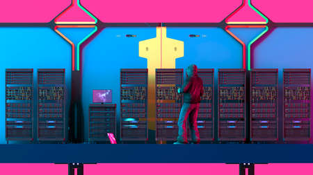 Hackers in action on large corporate servers. Pirated information and business secrets. Hacking connection. Steal information and spread it online. 3d renderの写真素材