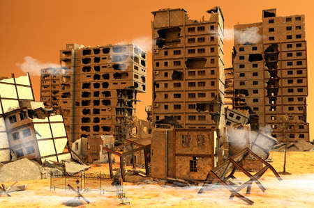 Debris, war zone with soldiers, buildings, bombings, terrorism. Military in combat actions. City in...