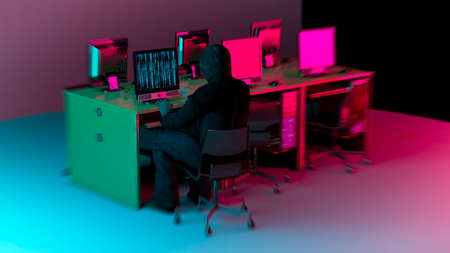 Hackers in action on large corporate servers. Pirated information and business secrets. Hacking connection. Steal information and spread it online. 3d renderの写真素材