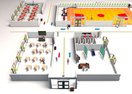 Classrooms in a school, new anti-covid-19 measures. Coronavirus. 3d section of a school to maintain correct social distancing. How to access the school. 3d renderの写真素材