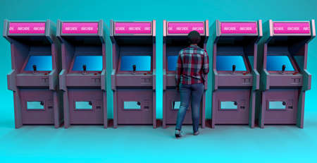 Game room. Arcade games. Person in front of an old game. Retro video games. 3d render