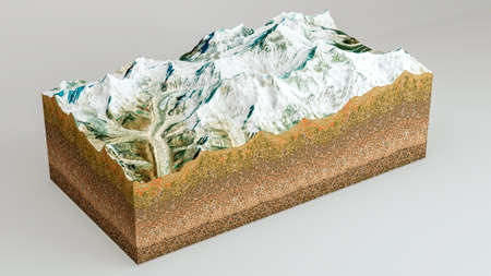 Mount Everest, relief height, mountains. Lhotse, Nuptse. Himalaya map. The highest mountain in the world.3d renderの写真素材