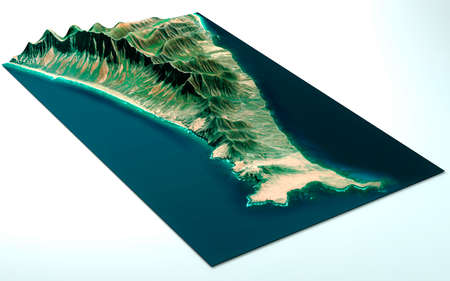 Aerial, satellite view of Fuerteventura, Canary Islands, Spain. Cofete Beach, South of the island. Punta Jandia. Playa de los Ojos. Morro Jable. 3d render.の写真素材