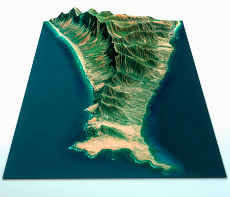 Aerial, satellite view of Fuerteventura, Canary Islands, Spain. Cofete Beach, South of the island. Punta Jandia. Playa de los Ojos. Morro Jable. 3d render.の写真素材
