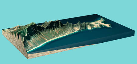 Aerial, satellite view of Fuerteventura, Canary Islands, Spain. Cofete Beach, South of the island. Punta Jandia. Playa de los Ojos. Morro Jable. 3d render.の写真素材