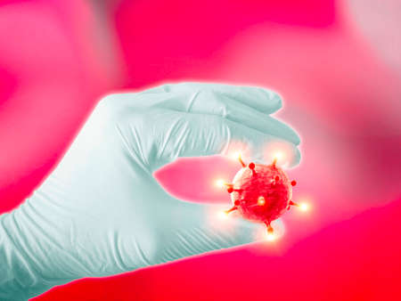 Hand with glove, protect yourself from viruses, how to isolate the virus, search for the vaccine...