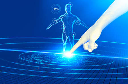 Technologies and digital apps that affect human health. Medicines. 3d render. Human anatomy and control of all vital functions. Finger clicking on a device to monitor a person's physical functionsの写真素材