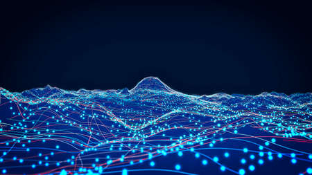 Mountains and reliefs, virtual reality, simulation. Hud. Connections and links, social networks. Terrain and augmented reality. Simulator and land overflight. Particles. 3d renderの写真素材