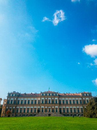 Royal Villa, Monza, Italy. 10-17-2020. Royal Villa of Monza, gardens and park of Monza. Palace, neoclassical building, trees streets and peopleのeditorial素材