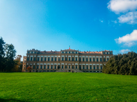 Royal Villa, Monza, Italy. 10-17-2020. Royal Villa of Monza, gardens and park of Monza. Palace, neoclassical building, trees streets and peopleのeditorial素材