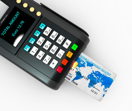 Pos and credit card. Digital payment tool that allows you to fight tax evasion. Cashback and receipt lottery. Public administration. Incentives on electronic payments for citizens. 3d renderの写真素材