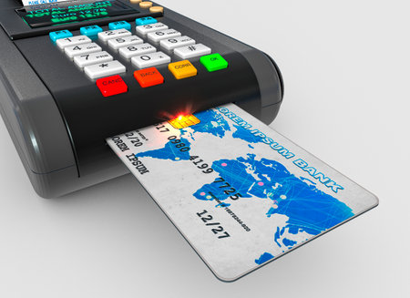 Pos and credit card. Digital payment tool that allows you to fight tax evasion. Cashback and receipt lottery. Public administration. Incentives on electronic payments for citizens. 3d renderの写真素材